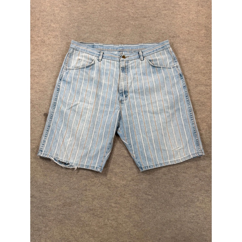 VTG 90s Wrangler Authentic Shorts Mens 38 Blue Denim Striped Cotton Frayed Hem